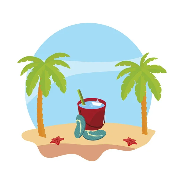 夏季海滩与棕榈树和拖鞋场景 — 图库矢量图片