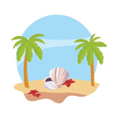 palmiye ve kabukları sahne ile yaz Plajı