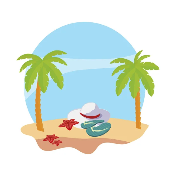 夏季海滩与棕榈树和女性帽子场景 — 图库矢量图片