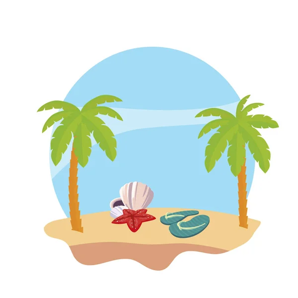 夏季海滩与棕榈树和拖鞋场景 — 图库矢量图片
