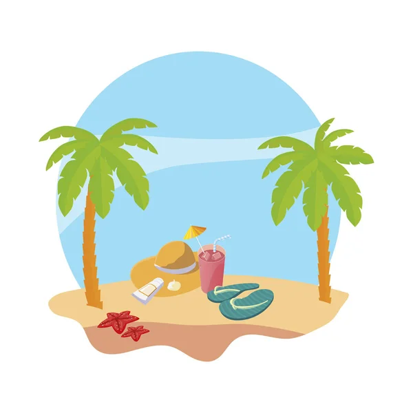 夏季海滩与棕榈树和草帽场景 — 图库矢量图片