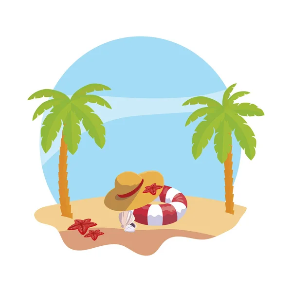 Letnia plaża z palmami i słomiane sceny kapelusz — Wektor stockowy