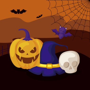 cadılar bayramı sahnesinde şapka cadı ile kabak