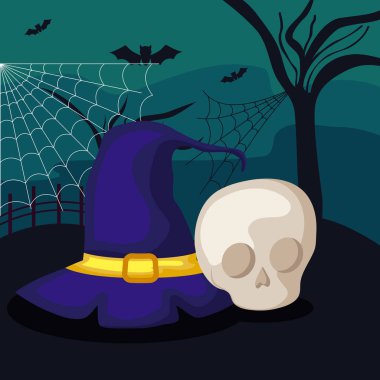 sahne cadılar bayramı kafatası ile cadı şapkası