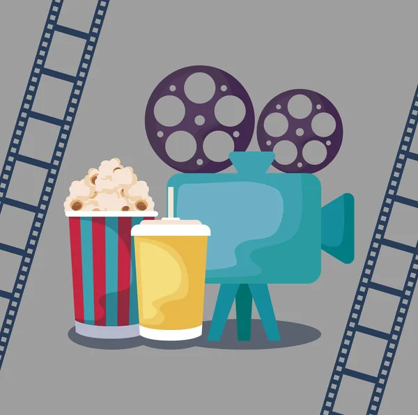 Кинокамера видео с попкорном и напитками — стоковый вектор