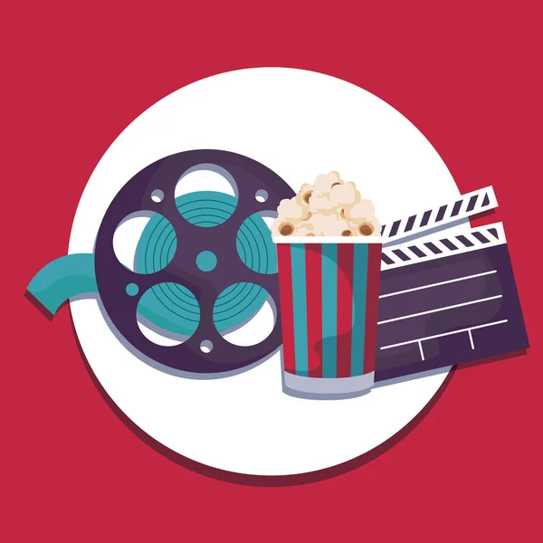 Kino clapboard z bębnem taśmowym z popcorn — Wektor stockowy
