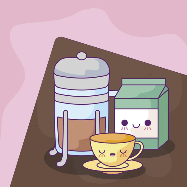 Botella de café con deliciosa comida estilo kawaii — Vector de stock