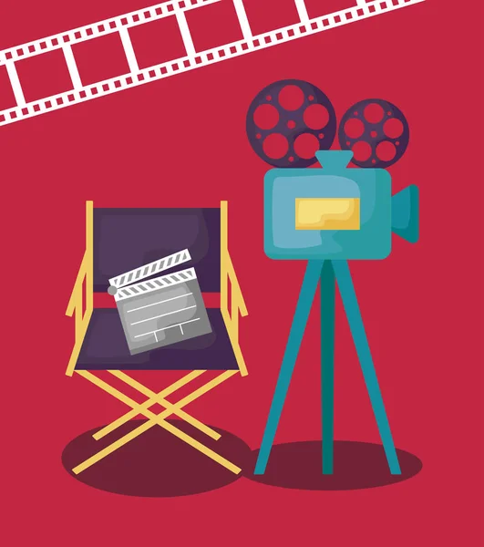 Caméra de cinéma avec directeur de chaise et clapboard — Image vectorielle