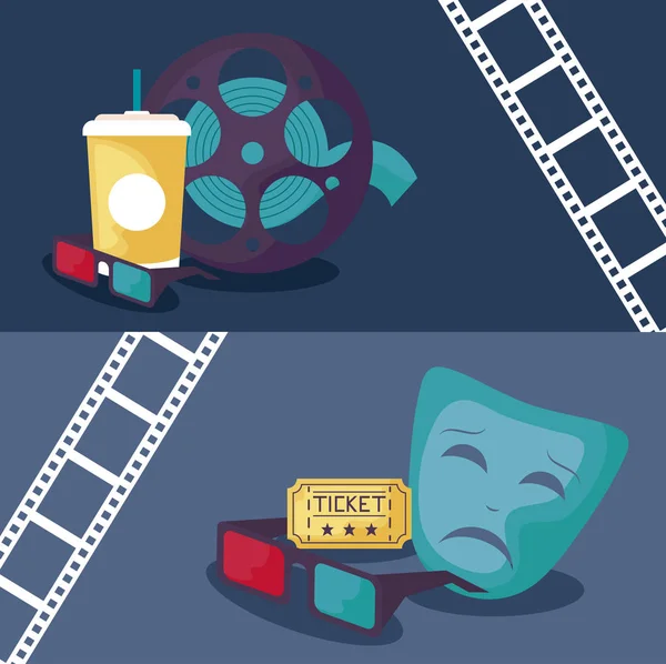 Bobine de bande avec ensemble icônes cinéma — Image vectorielle