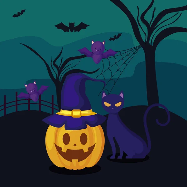 Dynia z kot Halloween scena — Wektor stockowy