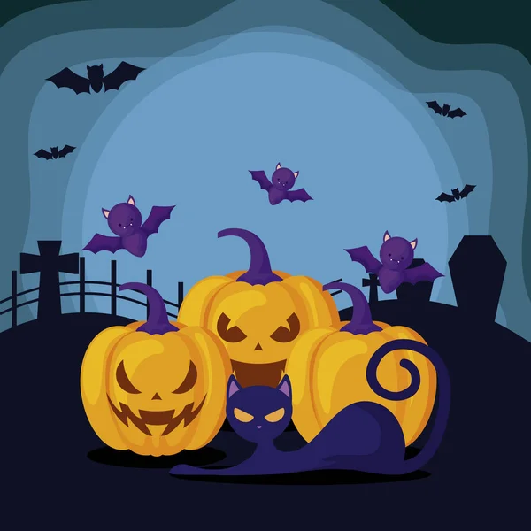 Citrouilles avec chat dans la scène d'Halloween — Image vectorielle