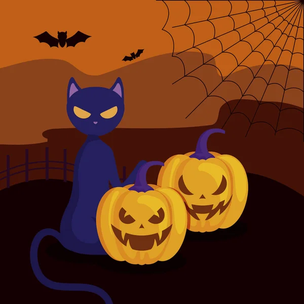 Calabazas con gato en halloween escena — Vector de stock