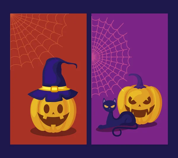 Juego de cartas con calabazas e iconos halloween — Vector de stock