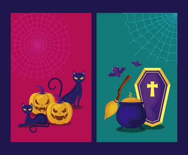 Set van kaarten met pompoenen en pictogrammen Halloween — Stockvector