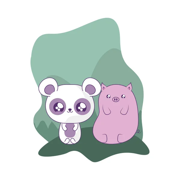 Drăguț urs panda cu porc pui animale kawaii — Vector de stoc