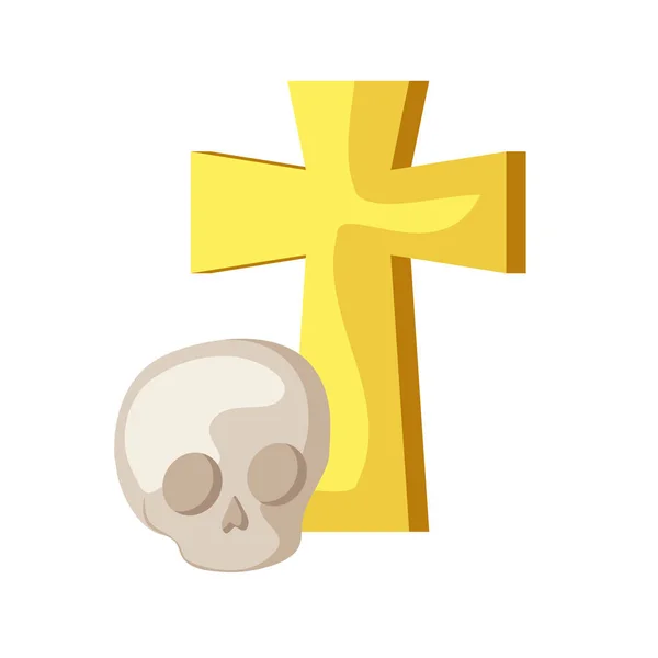 Cráneo muerto halloween con cruz aislado icono — Vector de stock