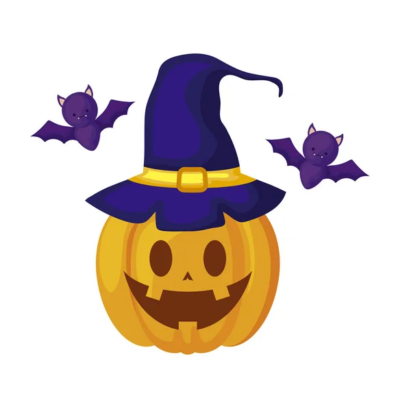 Calabaza de Halloween con sombrero de bruja y murciélagos volando — Vector de stock