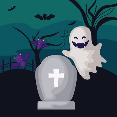 hayalet ve yarasalar sahne cadılar bayramı uçan ile mezar taşı