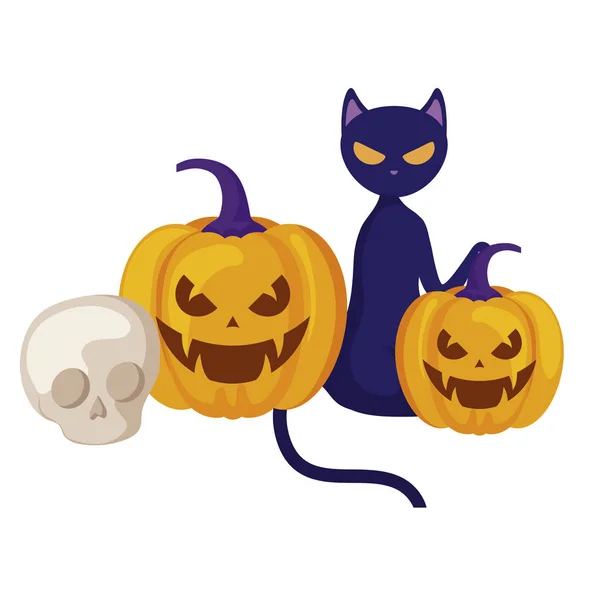 Calabazas de halloween con gato y cráneo — Archivo Imágenes Vectoriales