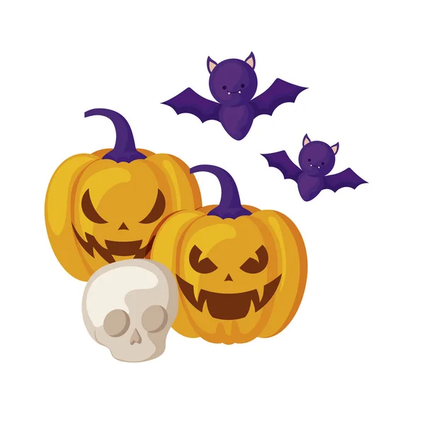 Citrouilles halloween avec crâne et chauves-souris volant — Image vectorielle