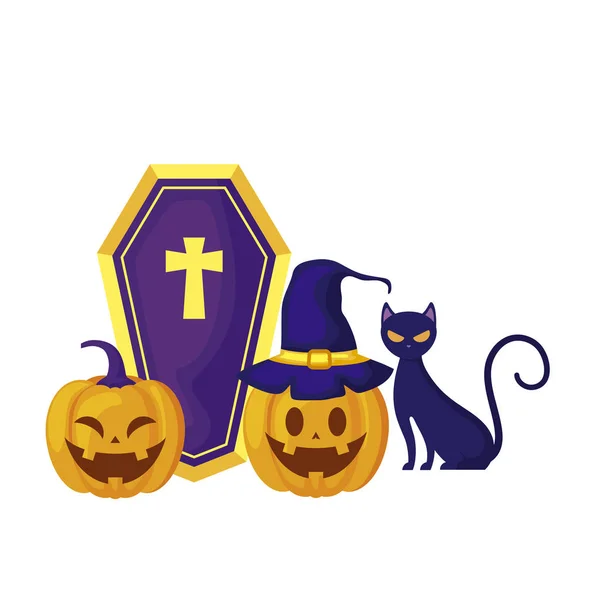 Тыквы с кошкой и иконами Хэллоуин — стоковый вектор