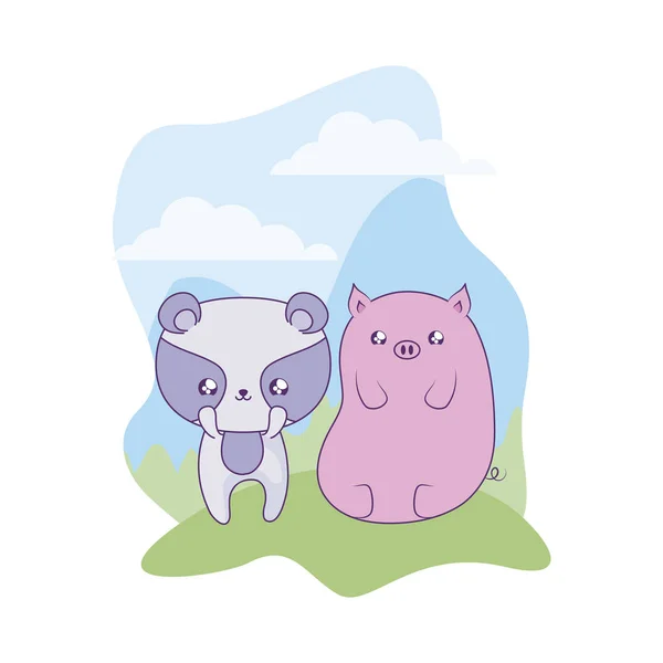 Lindo mapache con cerdito bebé animales kawaii — Archivo Imágenes Vectoriales