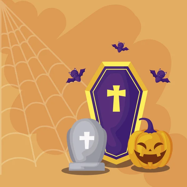 Náhrobní kámen s ikonami ve scéně Halloween — Stockový vektor