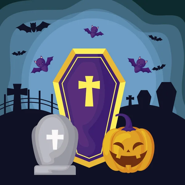 Lápida con iconos en la escena halloween — Vector de stock