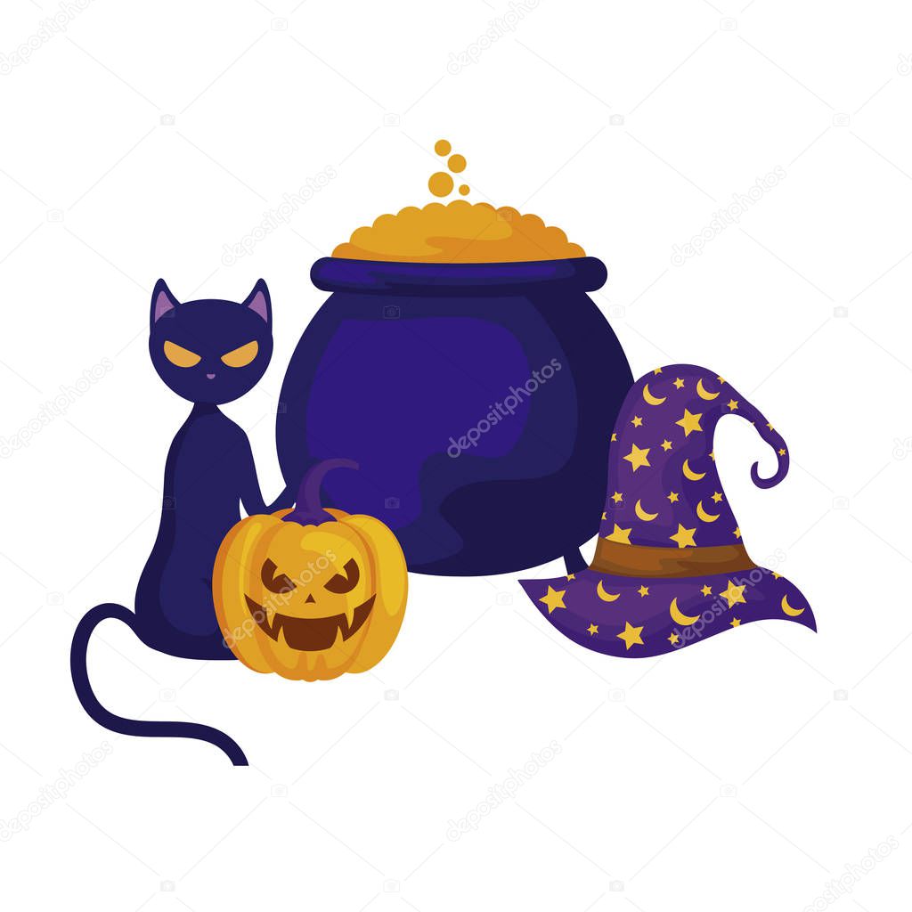 pumpkin with cauldron witch and icons halloween