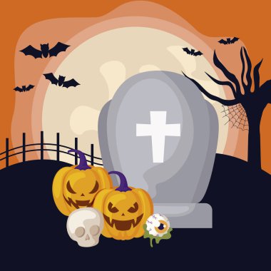 sahne cadılar bayramı nda set simgeleri ile mezar taşı