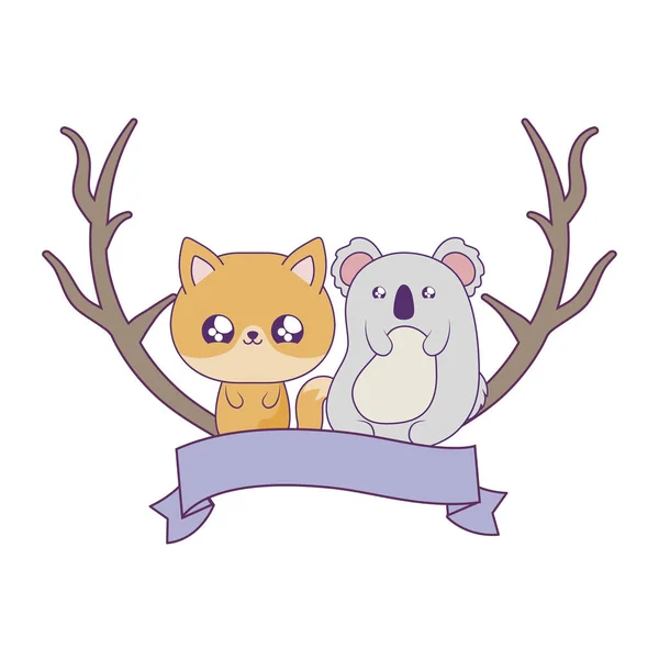 Vulpe drăguț cu koala pui animale kawaii — Vector de stoc