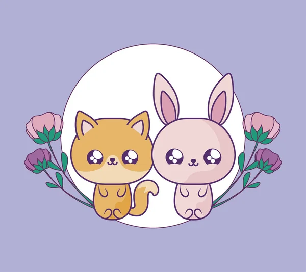 Cute fox with rabbit baby animals kawaii — Stock Vector