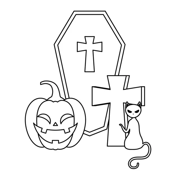 Тыква с гробом и иконами Хэллоуин — стоковый вектор