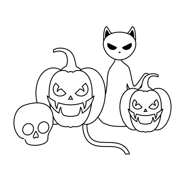Citrouilles d'Halloween avec chat et crâne — Image vectorielle