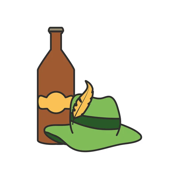 Fles bier en Tiroolse hoed Oktoberfest Festival — Stockvector