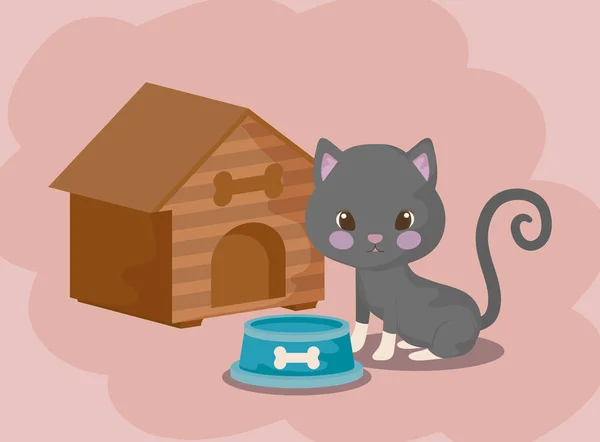 Schattige kat baby dier met huis — Stockvector