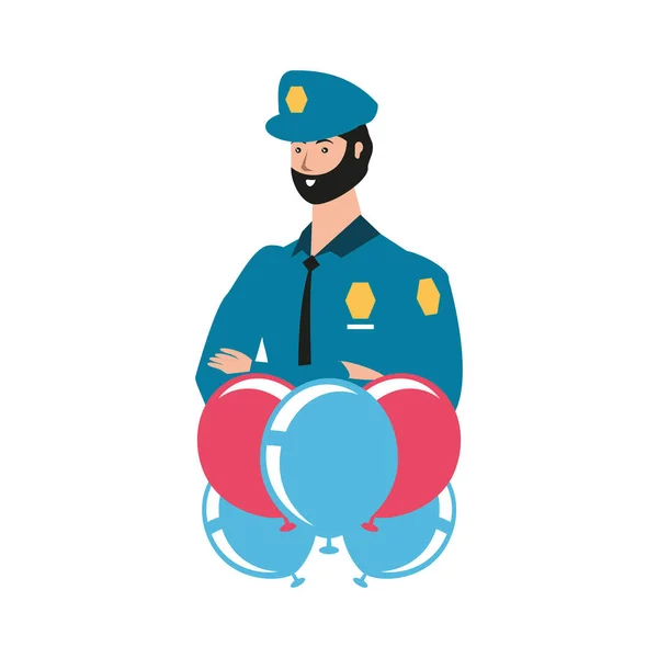 Pracownik policji z balonami helu pracy dzień święto — Wektor stockowy