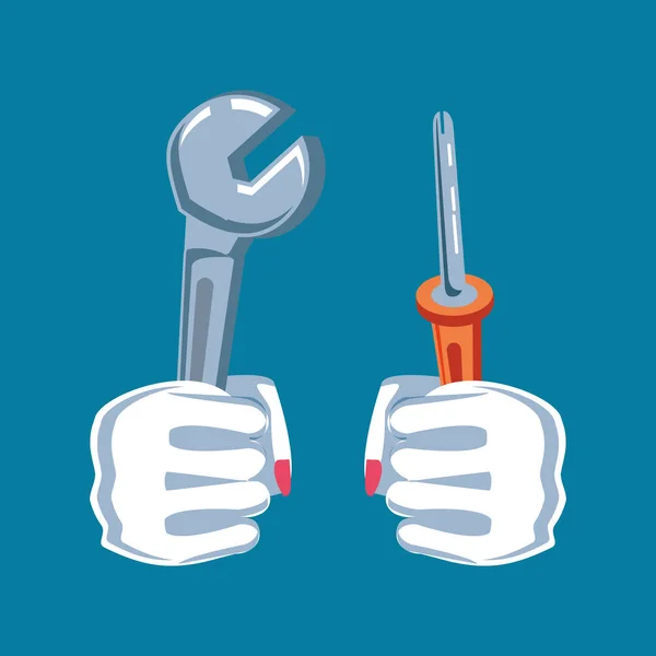 Hands fist power with wrench and screwdriver — Stock Vector
