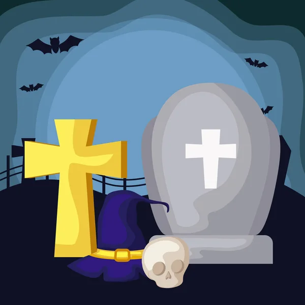 Надгробие с иконками в сцене Хэллоуин — стоковый вектор
