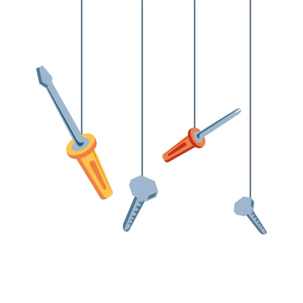 Set of screwdrivers with screws hanging — Stock Vector