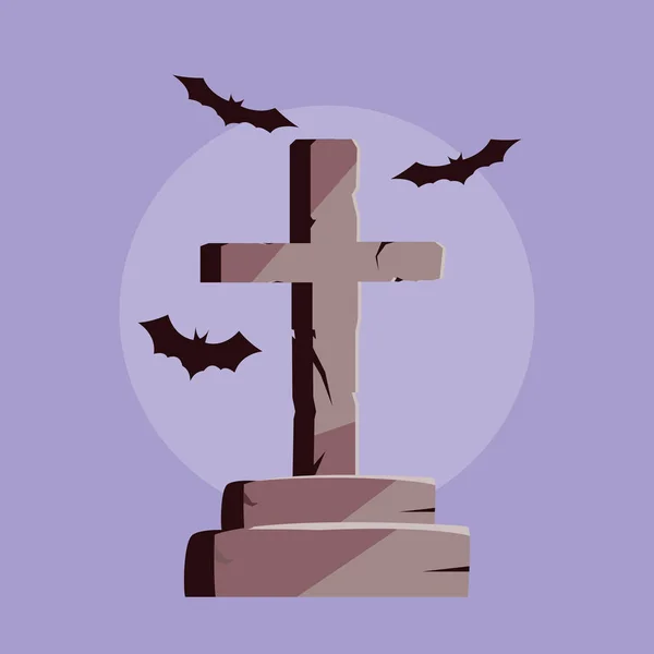 Pierre tombale en forme de croix et chauves-souris volant — Image vectorielle