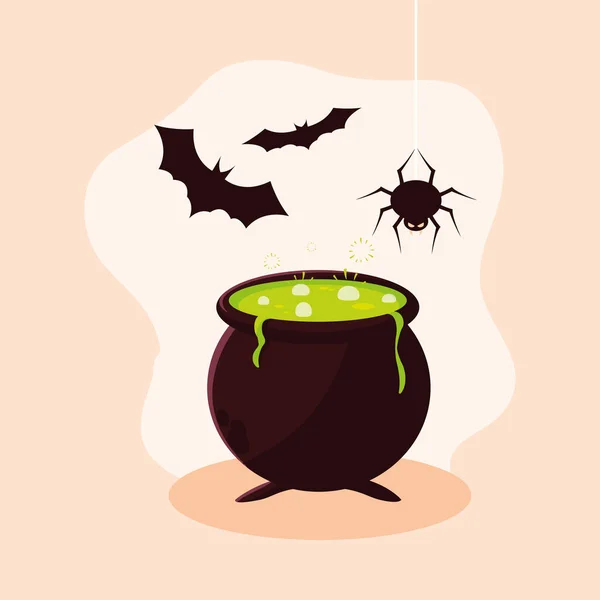 万圣节的锅与蝙蝠飞行和蜘蛛 — 图库矢量图片