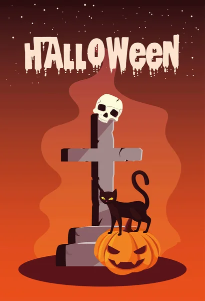 Affiche de Halloween avec chat et icônes — Image vectorielle