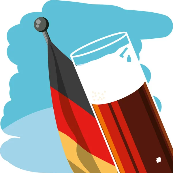 Bicchiere di birra con bandiera tedesca in pole oktoberfest — Vettoriale Stock