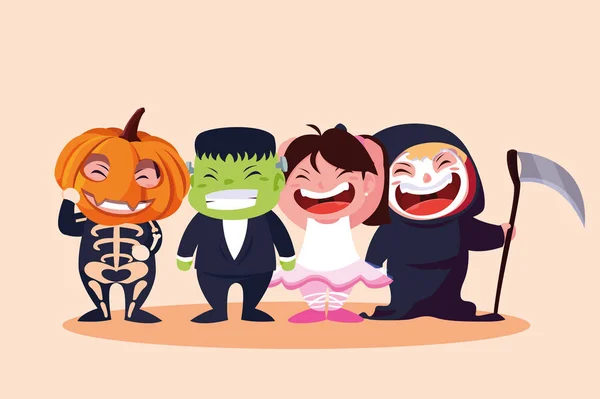 Group cute childrens disguised for halloween — Stock Vector