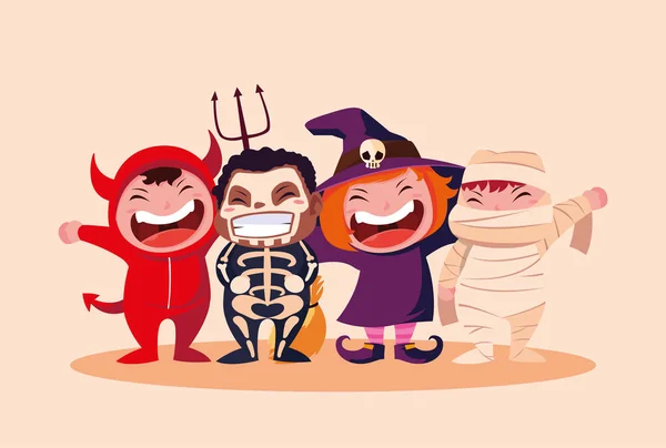 Skupina rozkošné děti maskované na Halloween — Stockový vektor