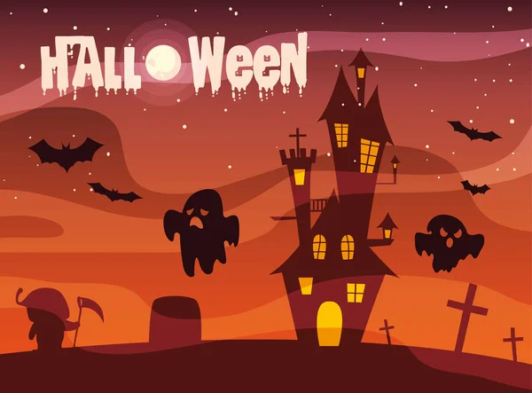 Постер Хэллоуина с замком и призраками — стоковый вектор