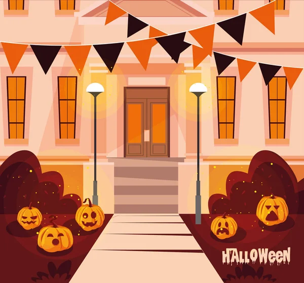 Affiche de maison de façade halloween avec décoration — Image vectorielle