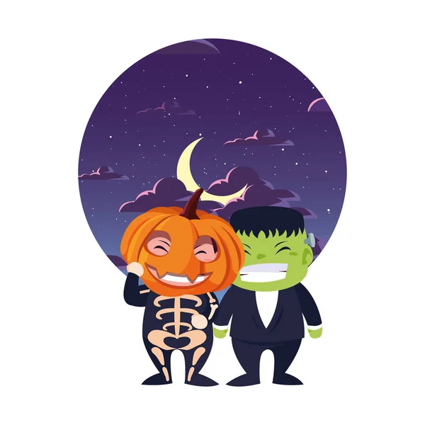 Kids in halloween costumes image — Stock Vector