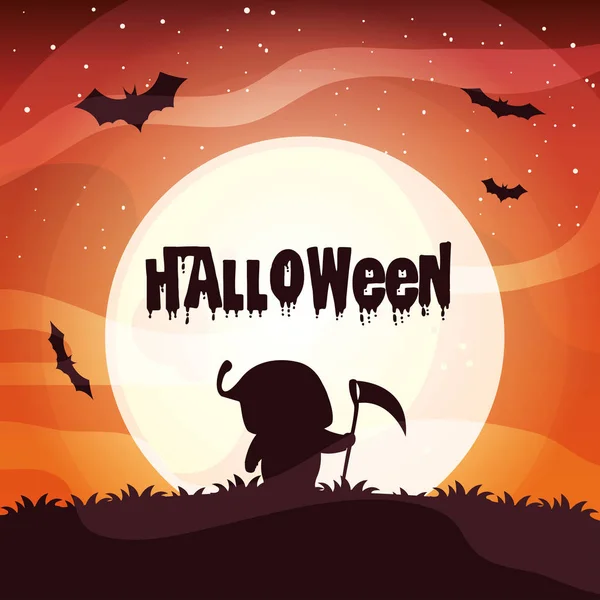 Poster halloween with boy disguised death silhouette — Stock Vector